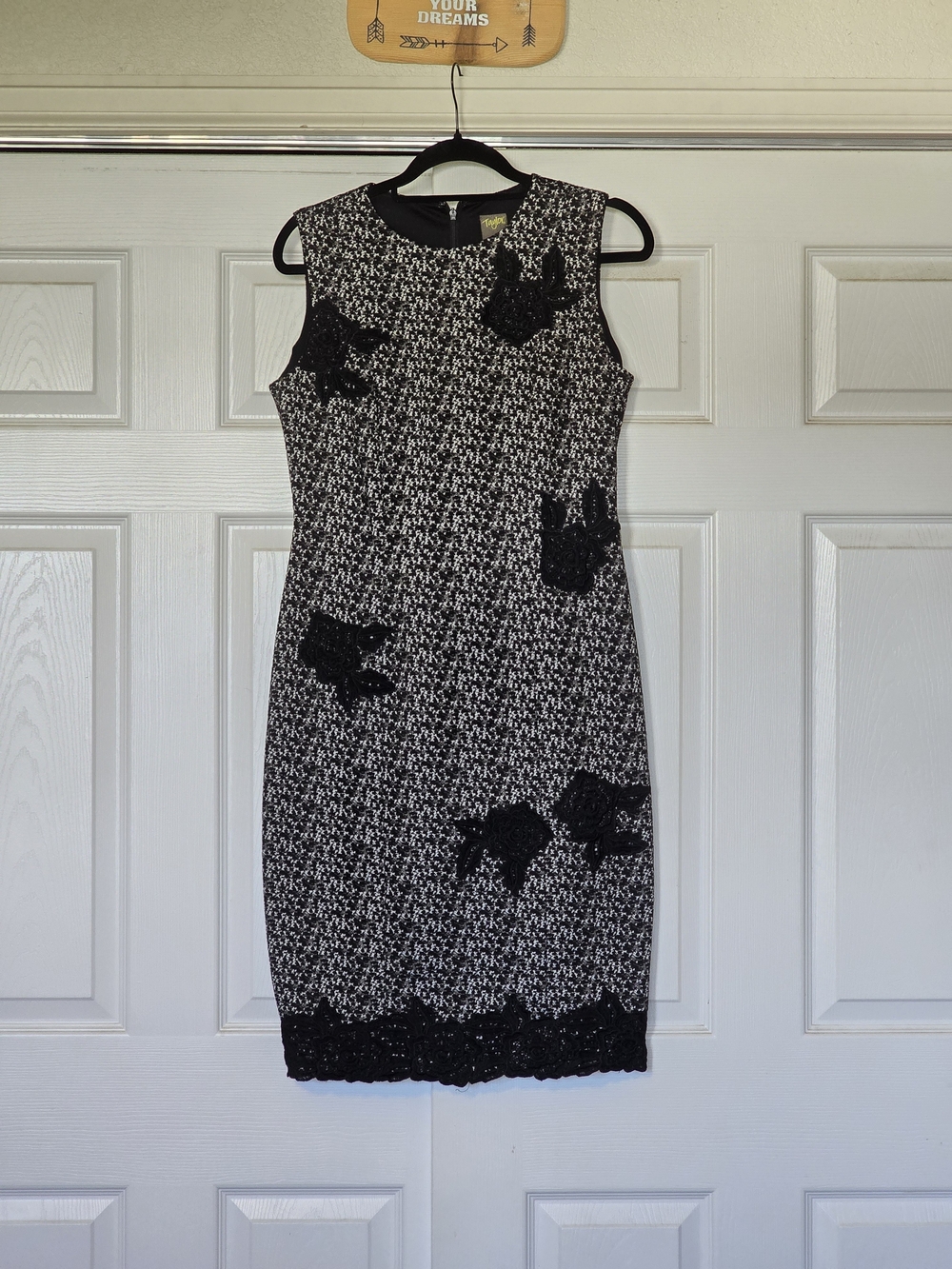 Taylor Black and White Romantic Midi  Dress with Black Appliqué Flowers